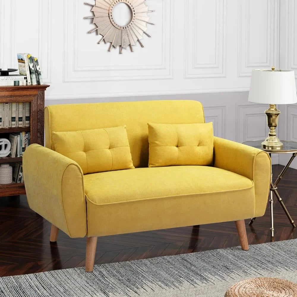 47" Small Modern Loveseat Couch Sofa, Fabric Upholstered 2-Seat , Love Seat with 2 Pillows, Wood Leg for Living Room,Yellow