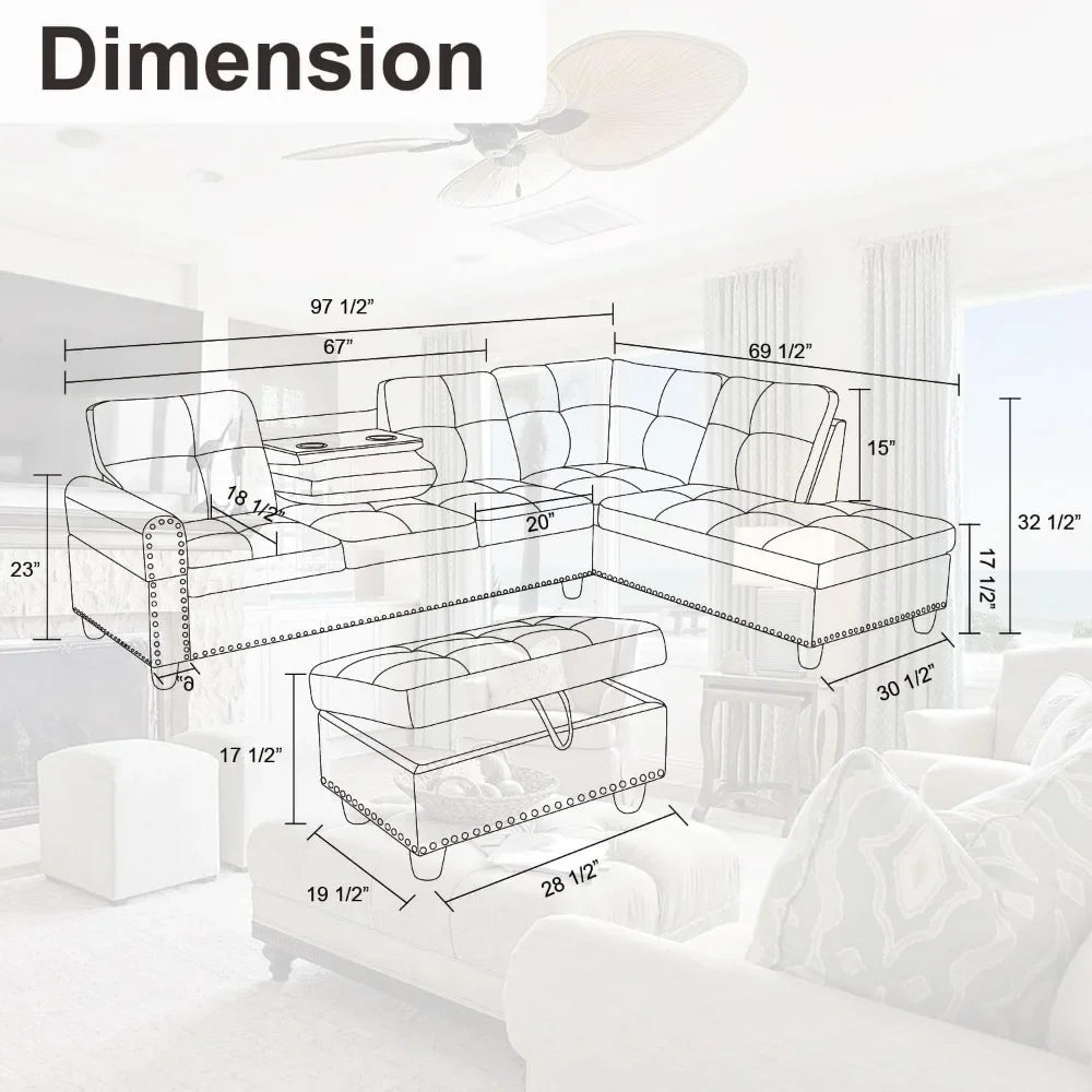 3-piece L-shaped Sectional Sofa Furniture for the Living Room Sectional Furniture Set Complete Home Rooms Livingroom Sets Luxury