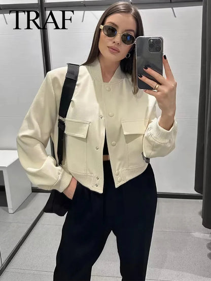 TRAF Vintage Solid Long Sleeve Bomber Jacket Spring Women Casual Coats Streetwear 2023 Female Elegant Lapel Zipper Jakcet