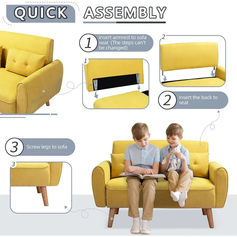 47" Small Modern Loveseat Couch Sofa, Fabric Upholstered 2-Seat , Love Seat with 2 Pillows, Wood Leg for Living Room,Yellow