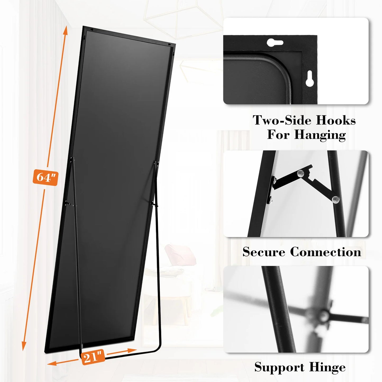 JHK 64"x21" Full Length Mirror Standing Hanging or Leaning Wall-Mounted Mirrors with Stand Aluminum Alloy Frame For Living Room