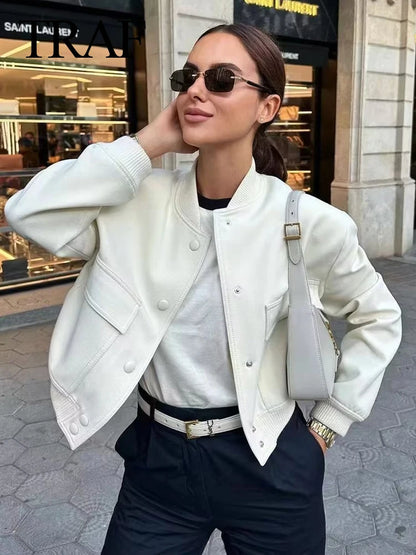 TRAF Vintage Solid Long Sleeve Bomber Jacket Spring Women Casual Coats Streetwear 2023 Female Elegant Lapel Zipper Jakcet